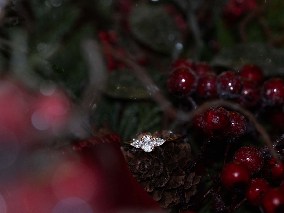 You're engaged, now what? Help with wedding planning. rose gold and lab grown diamond engagement ring on top of a christmas pinecone